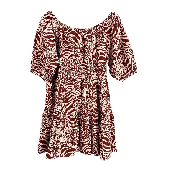 Mango MNG Woman Red Beige Animal Print Cotton Puff Sleeve Mini Dress Size 4 New - Picture 1 of 9